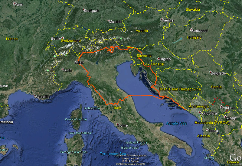 Map of Italy, Slovenia and Croatia motorcycle tour